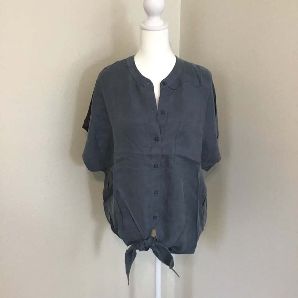 Lovestitch Tencel Button-Front Short Sleeve Tie-Front Top Steel  Blue Medium
